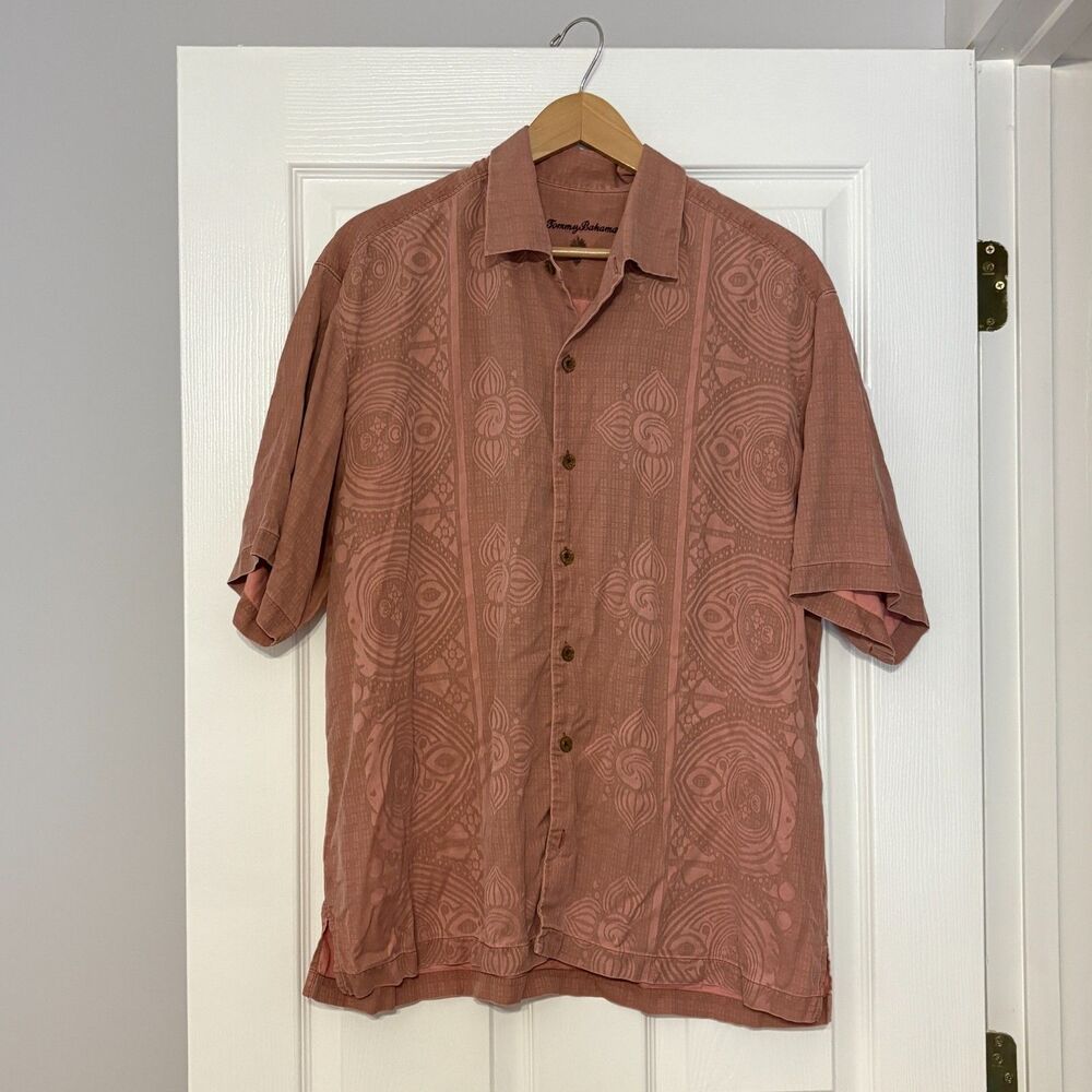 Tommy Bahama Shirt Mens XL Orange Silk Hawaiian Short Sleeve Button